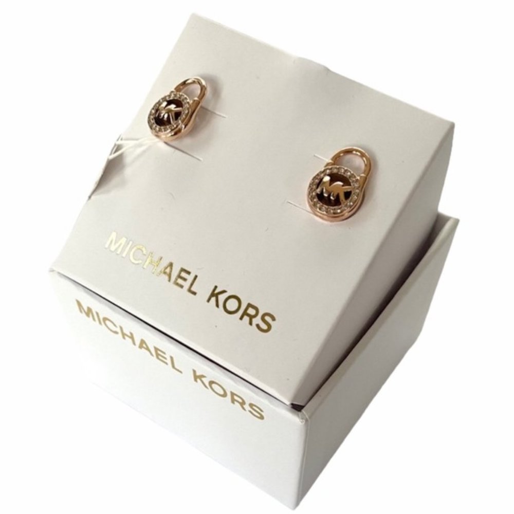 NWT MICHAEL KORS Logo Gold-Tone Pave Lock Earrings - Picture 1 of 6